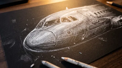 White Charcoal Airplane Sketch on Black Paper