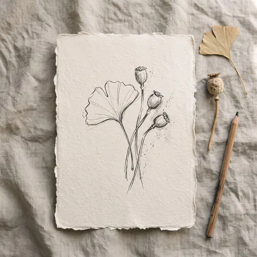 Botanical Sketch on Handmade Deckle Paper