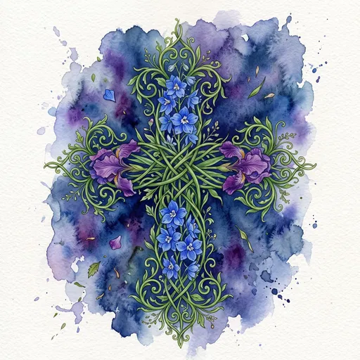 Watercolor Floral Cross With Irises and Delphiniums