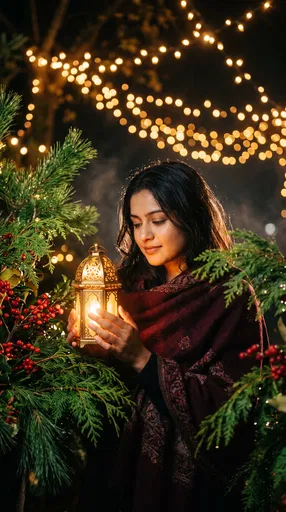 Woman Holding Glowing Lantern At Night