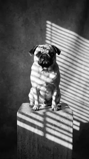 Monochrome Pug Portrait on Concrete Block