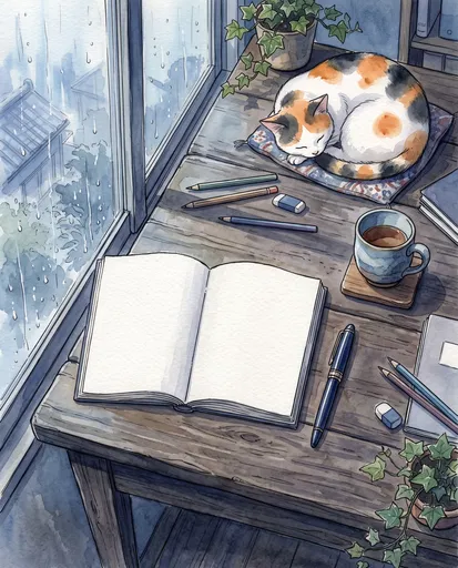 Watercolor Illustration of Cozy Desk With Cat