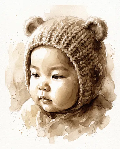Sepia Watercolor Baby in Bear Bonnet