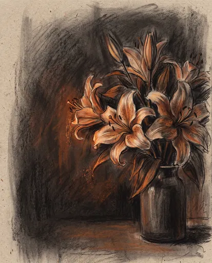Charcoal and Pastel Drawing of Lilies