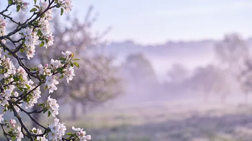 White Apple Blossoms in Misty Meadow