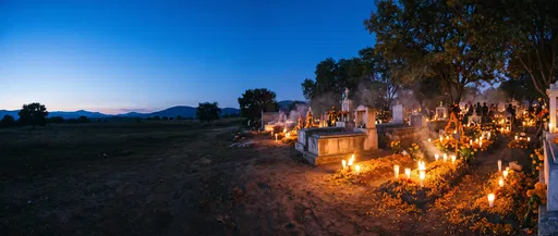 Mexican Cemetery Illuminated With Candles at Twilight