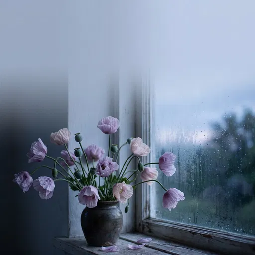 Pastel Poppies by Rainy Blue Hour Window