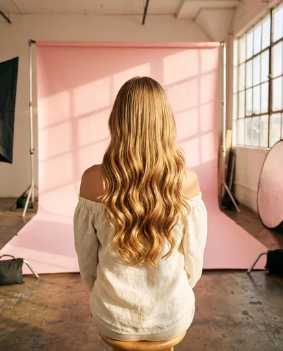 Woman With Wavy Blonde Hair in Studio