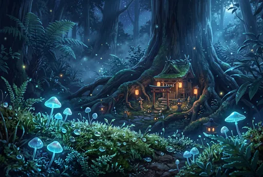Magical Night Forest Shrine Anime Background