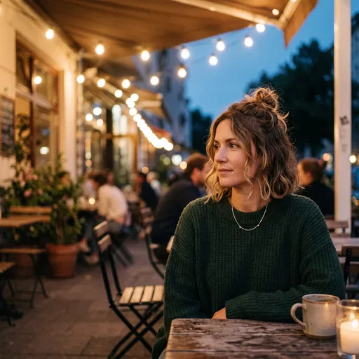 Woman with Wavy Bob at Evening Cafe