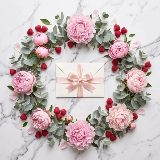 Floral Wreath Framing Ribbon-Tied Envelope
