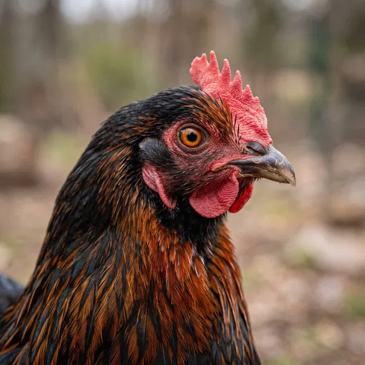 Black Copper Marans Hen Close-Up Portrait