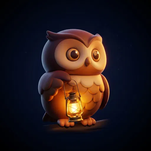 3D Cartoon Owl Holding Glowing Lantern