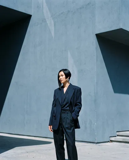 Woman in Suit by Geometric Concrete Wall