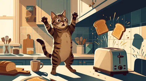 Startled Tabby Cat Beside Popping Toaster