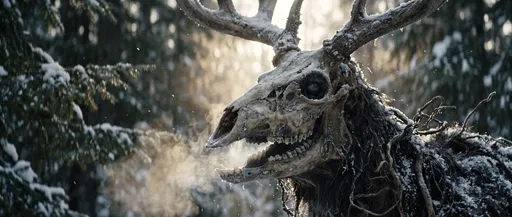 Frost-Covered Antlered Wendigo in Winter Forest