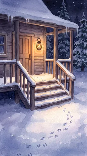Watercolor Winter Porch With Paw Prints