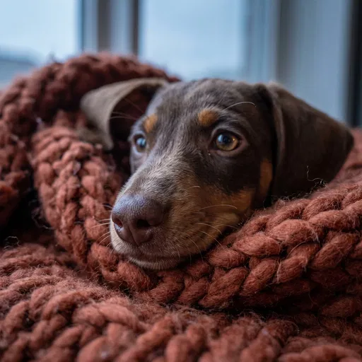 Dachshund Puppy in Chunky Terracotta Blanket