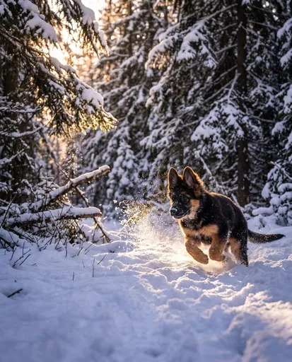 German Shepherd Puppy Running in Winter Forest