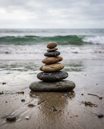 Balanced Stone Cairn on Wet Beach Sand