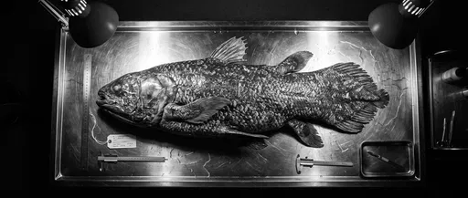 Monochrome Coelacanth Specimen on Examination Table