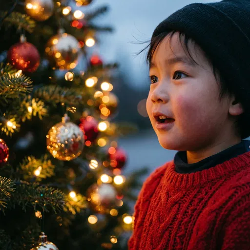 Child Gazing at Outdoor Christmas Tree