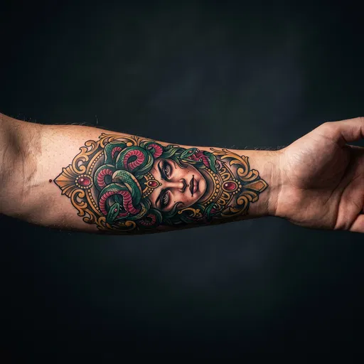 Vibrant Neo-Traditional Medusa Forearm Tattoo