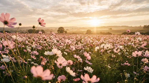 Sunlit Meadow of Pink Cosmos Flowers