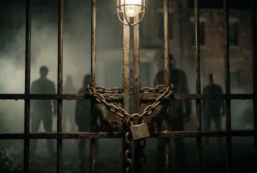 Rusted Chained Gate with Shadowy Figures