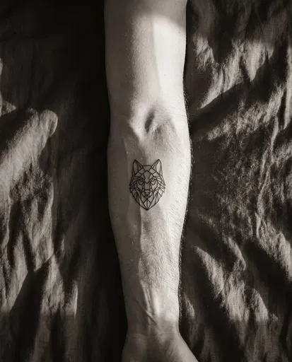 Geometric Wolf Forearm Tattoo in Monochrome