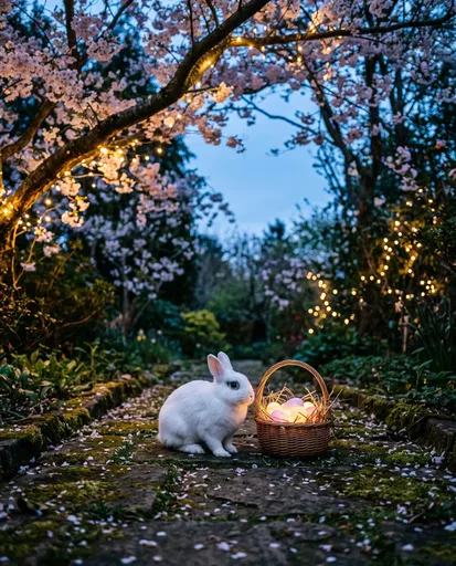 White Rabbit Beside Glowing Easter Basket