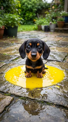 Stylized Dachshund Puppy in Yellow Puddle