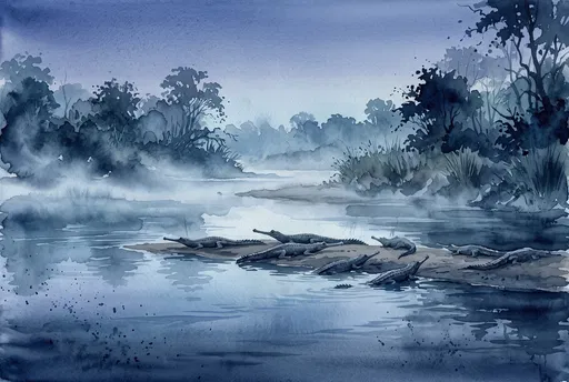 Watercolor Gharials on Misty Blue Riverbank