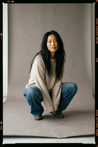 Studio Portrait of Crouching Woman