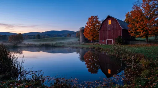Red Barn and Autumn Pond at Twilight