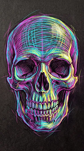 Neon Colored Pencil Cross-Contour Skull Sketch