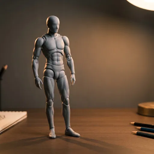 Grey Articulated Artist Mannequin on Wooden Desk