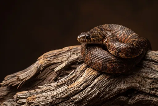 Brown Water Snake Coiled on Driftwood