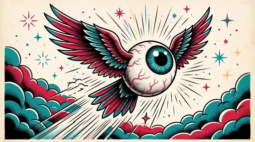 Tattoo Style Winged Eyeball Flying Through Clouds
