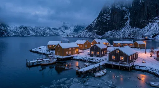 Snowy Nordic Fjord Cabins at Dusk