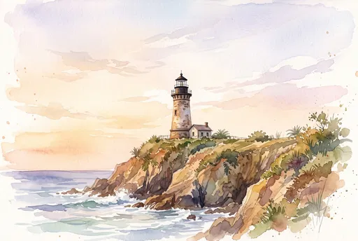 Watercolor Coastal Lighthouse on Rocky Cliffs