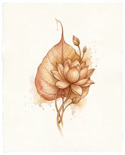 Watercolor Bodhi Leaf and Lotus Flower
