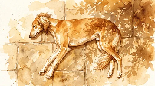 Watercolor Sleeping Persian Hound on Stone Tiles