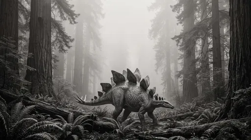 Monochrome Stegosaurus in Misty Redwood Forest