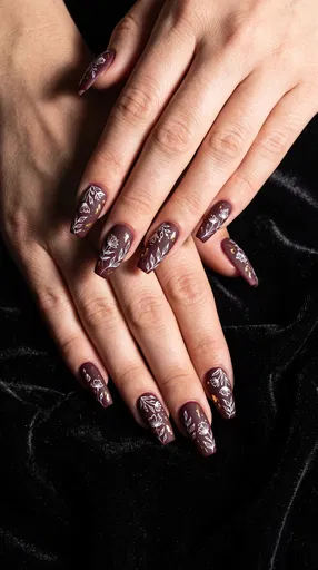 Matte Burgundy Coffin Nails With Floral Art