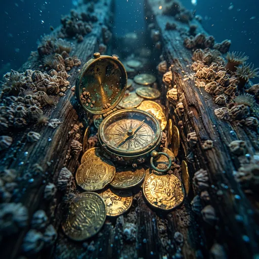 Antique Compass and Gold Coins Underwater
