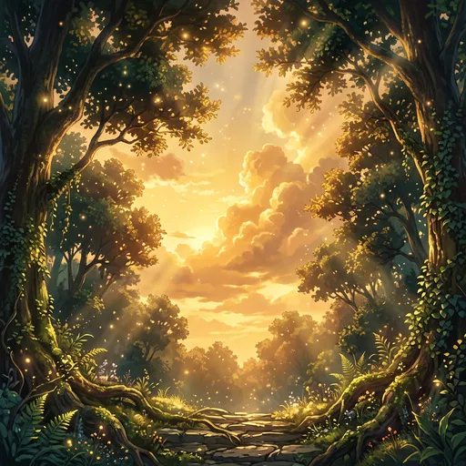 Golden Sunset Over Enchanted Forest Path