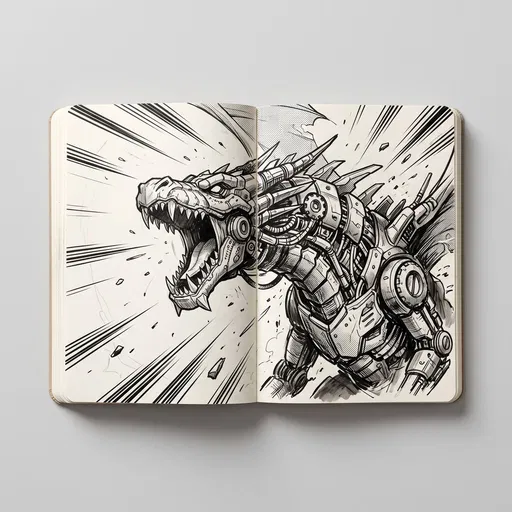 Open Sketchbook With Mechanical Dragon Illustration