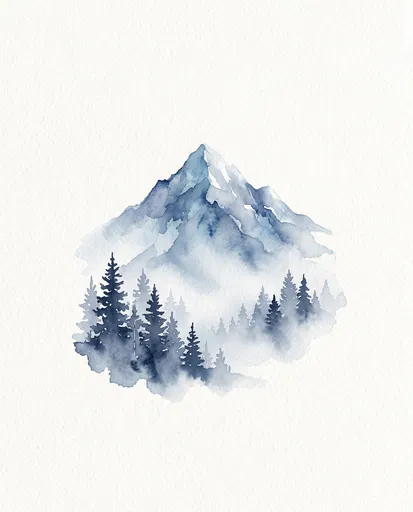 Blue Watercolor Mountain and Pine Trees