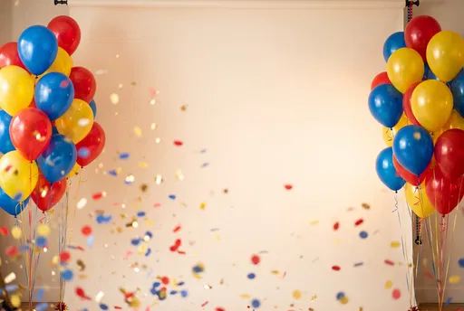 Festive Primary Colored Balloons and Confetti Backdrop